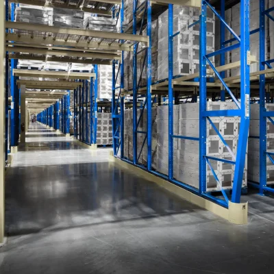 Warehouse interior featuring blue pallet racking systems filled with storage boxes, illustrating optimal organization and efficient use of space in Arlington, TX.