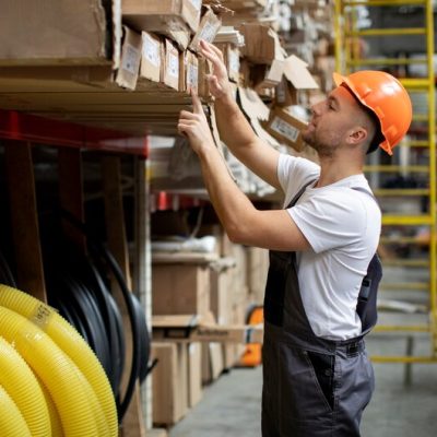 Man in safety gear organizing boxes on a pallet rack in a warehouse, illustrating efficient storage solutions for Dallas Pallet Racking services in Arlington, TX.